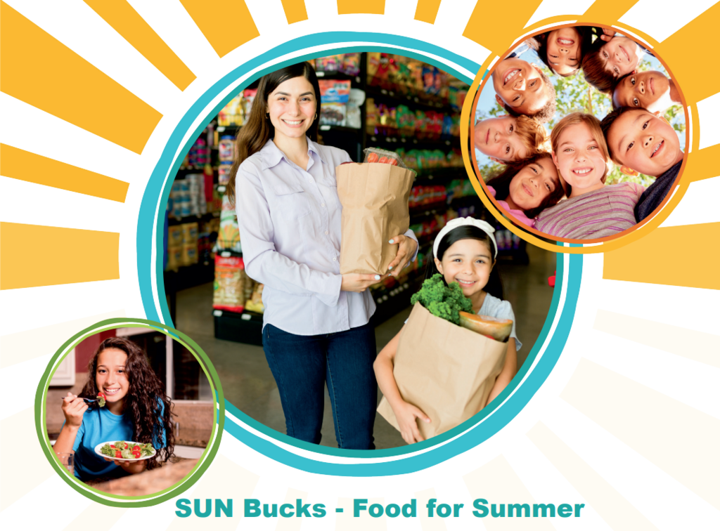 Sun bucks - Food for summer (three images 1. a woman eating a salad 2. Woman and girl holding a bag of groceries in a store 3. 8 children in a circle, heads touching,  looking down )