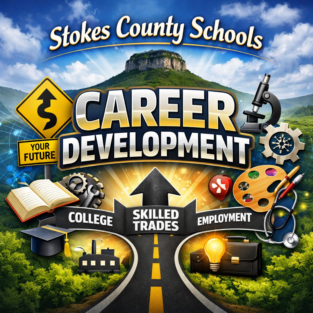 Alt text:  Colorful promotional graphic for “Stokes County Schools Career Development.” The background features a blue sky and a mountain resembling Pilot Mountain. Large bold text reads “Stokes County Schools” at the top and “Career Development” in the center. A road in the foreground splits into three labeled paths: “College,” “Skilled Trades,” and “Employment.” Around the road are career-related icons including a graduation cap, book, factory, gears, microscope, paint palette, stethoscope, briefcase, and light bulb. A yellow road sign reads “Your Future,” symbolizing multiple pathways to student success.