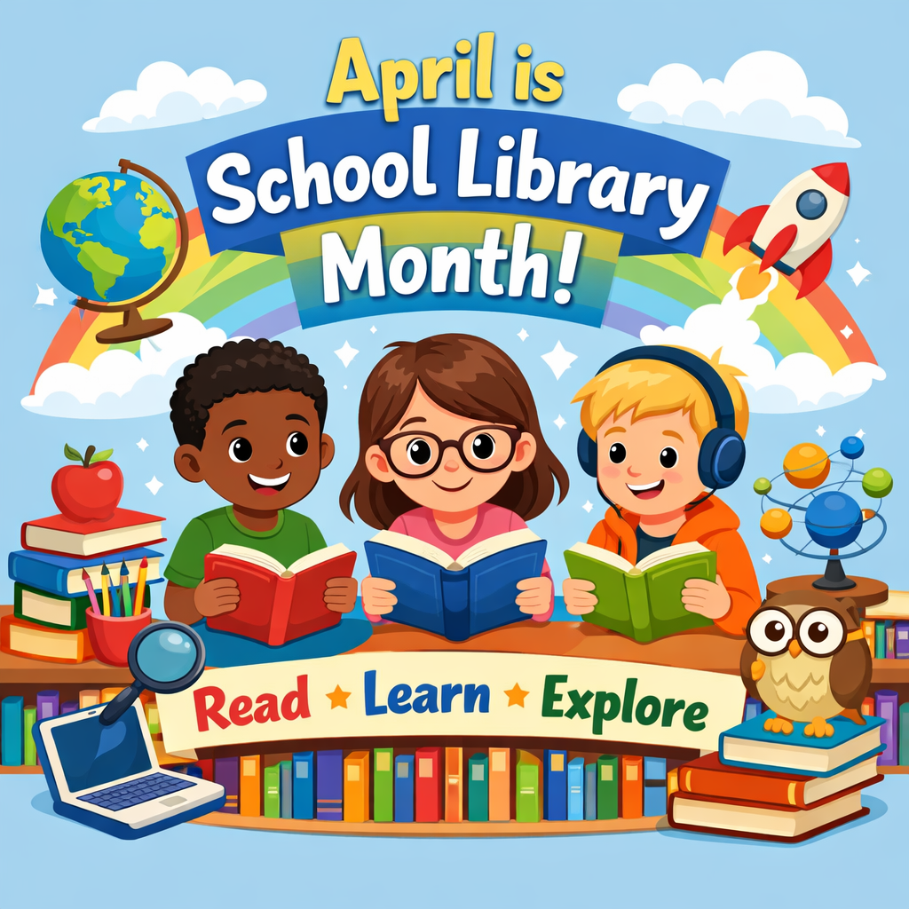 A colorful illustration celebrating School Library Month featuring three diverse children reading books together. Above them, bold text reads “April is School Library Month!” A rainbow, globe, rocket, and clouds fill the background, while books, a laptop, magnifying glass, and an owl surround the scene. A banner at the bottom reads “Read • Learn • Explore.”