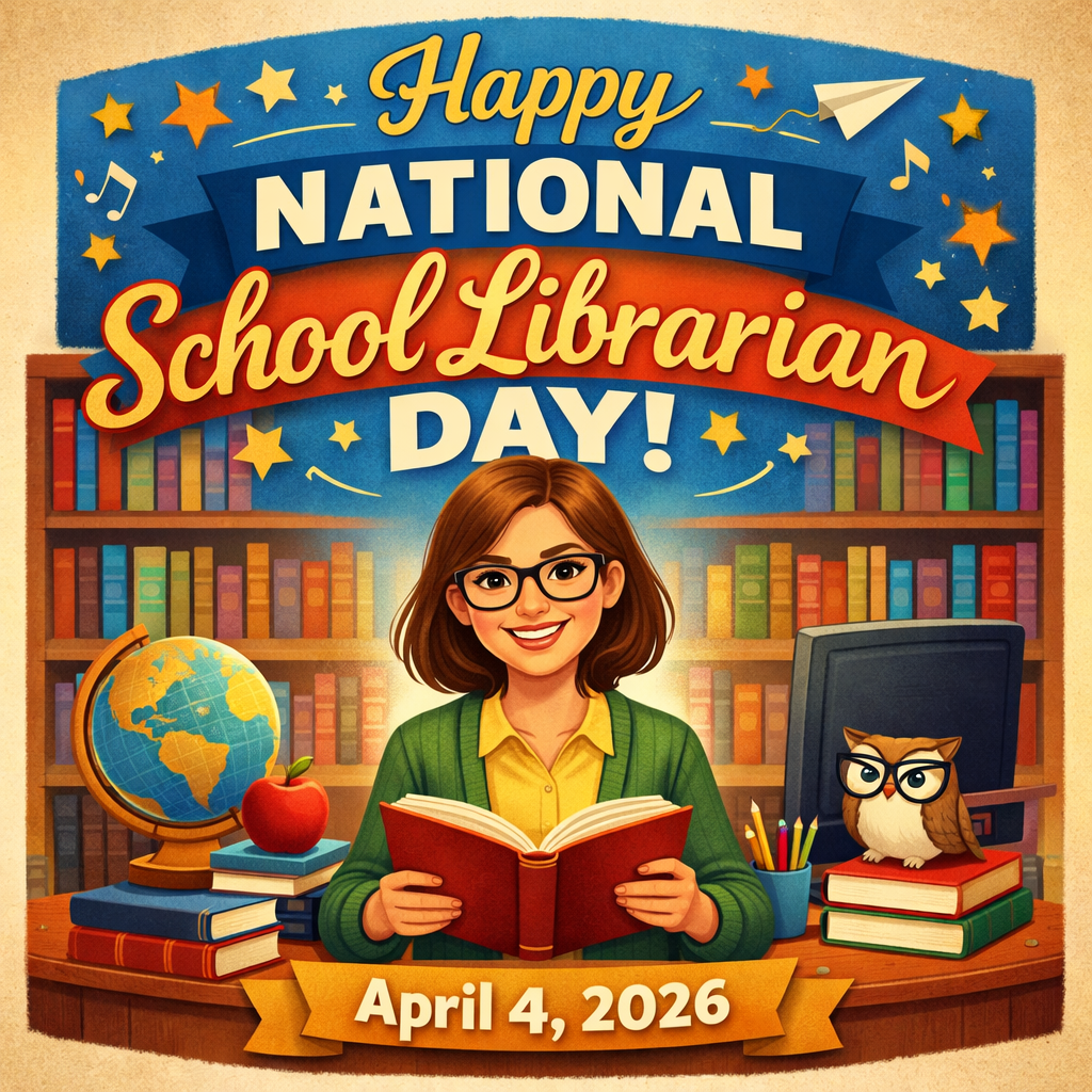 A colorful illustration celebrating National School Librarian Day on April 4, 2026. At the center, a smiling librarian with glasses holds an open red book while seated at a desk. Behind them are bookshelves filled with books. Surrounding elements include a globe, an apple, stacked books, a computer, and a small owl wearing glasses. Decorative stars, musical notes, and a paper airplane appear around the text “Happy National School Librarian Day!” with the date displayed at the bottom.