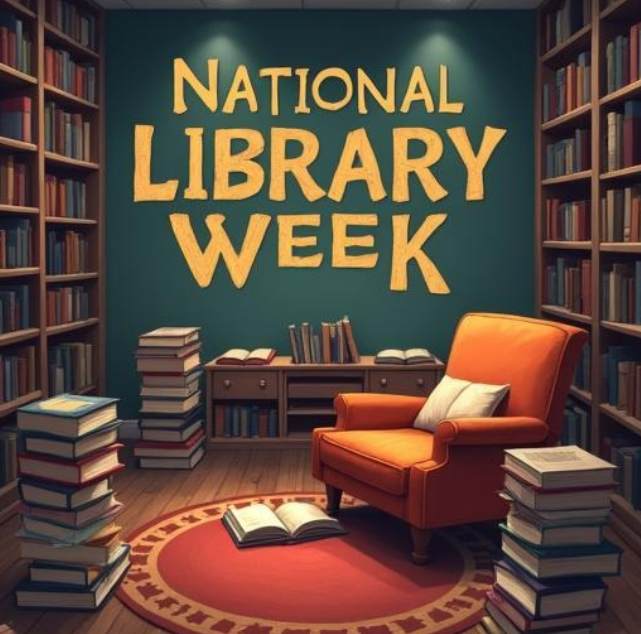National Library Week - book shelves on the sides, cozy orange chair on a red rug - stacks of books on the floor
