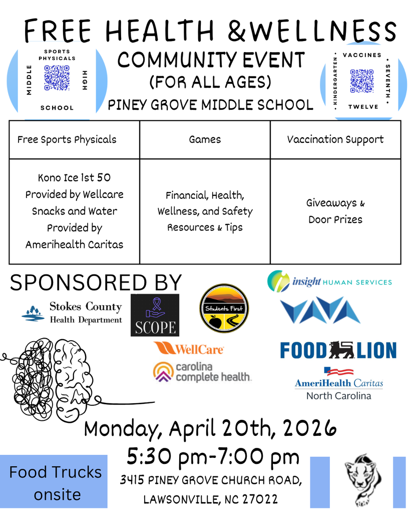 Join us for a Community Wellness Event hosted by the Stokes County Health Department!  📍 Location: Piney Grove Middle School 📅 Date: April 20, 2026 ⏰ Time: 5:30 – 7:00 p.m.  