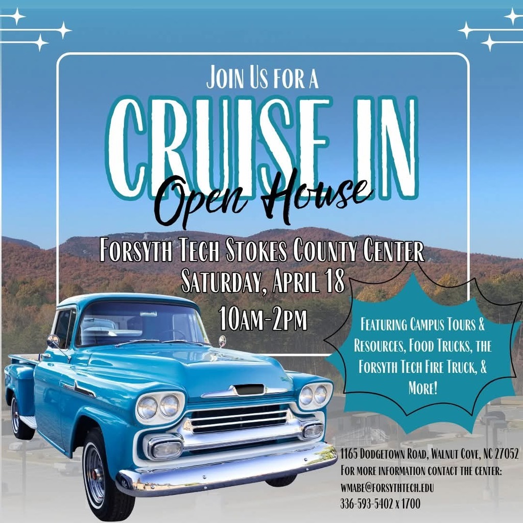 Join us for a cruise In and Open House at Forsyth tech on Saturday 4/18 from 10a - 2pm at 1165 Dodgetown Road in Walnut Cove.