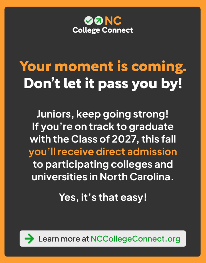 Juniors, your future is closer than you think 🎓✨  If you’re on track to graduate with the Class of 2027, you could receive **direct admission** to participating colleges and universities across North Carolina—no extra applications needed.  Yes, it really is that simple.  Stay focused, keep pushing, and don’t miss your moment.  👉 Learn more: NCCollegeConnect.org  #ClassOf2027 #CollegeBound #NCStudents #FutureReady