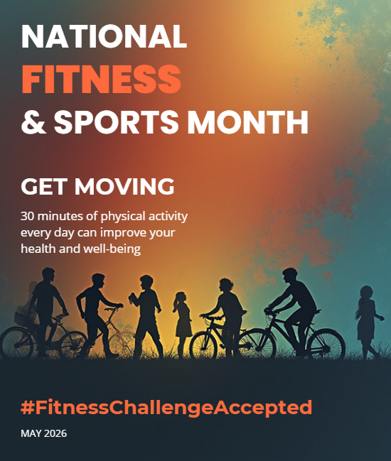 National Physical Fitness and Sports Month (silhouettes of people riding bikes)  