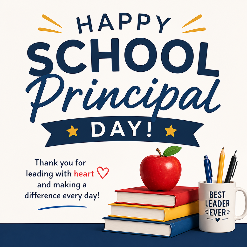 A clean, minimalist poster celebrating School Principal Day. The design features bold navy text reading “Happy School Principal Day!” with decorative gold accents. Below, a message says, “Thank you for leading with heart and making a difference every day!” An illustration shows a stack of colorful books topped with a red apple, alongside a mug labeled “Best Leader Ever” holding pens and pencils, all set against a light background.
