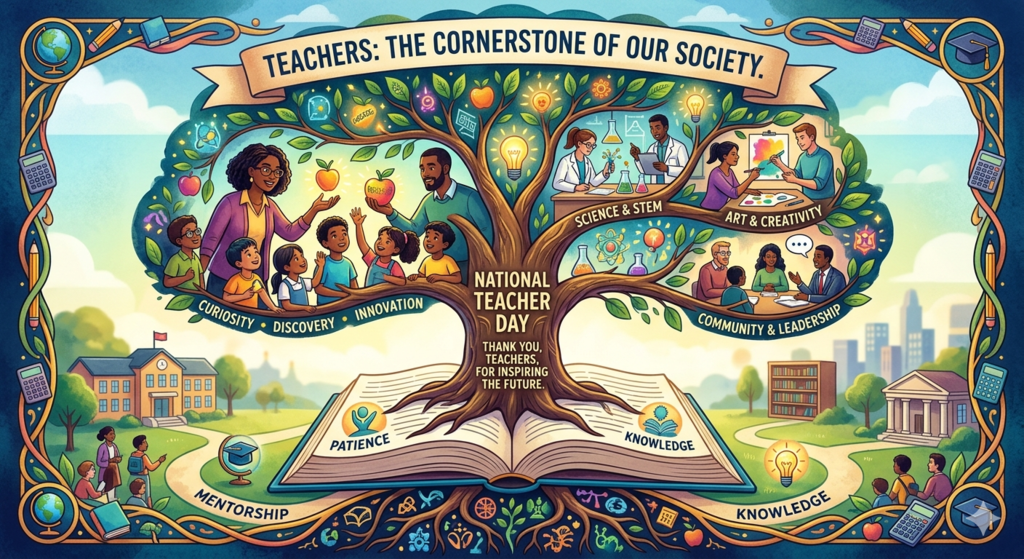An intricate and vibrant illustration celebrating National Teacher Day, featuring a large "Tree of Knowledge" growing out of an open book.  Central Imagery: A majestic tree with a thick trunk labeled "National Teacher Day" and "Thank you, teachers, for inspiring the future." Its roots are intertwined with the pages of a massive open book featuring the words Patience and Knowledge.  Branches of Learning: Each branch represents a different field of study or value, including:  Science & STEM: Teachers and students working with lab equipment.  Art & Creativity: Figures painting on a canvas.  Community & Leadership: A group engaged in a collaborative discussion.  Curiosity, Discovery, and Innovation: A teacher handing a glowing apple to a group of diverse, eager children.  Background & Border: The scene is set on a sunny school campus with students walking along paths labeled Mentorship and Knowledge. The entire graphic is framed by an ornate border filled with educational icons like globes, calculators, pencils, and graduation caps.  Top Banner: A flowing ribbon at the top reads: "TEACHERS: THE CORNERSTONE OF OUR SOCIETY."