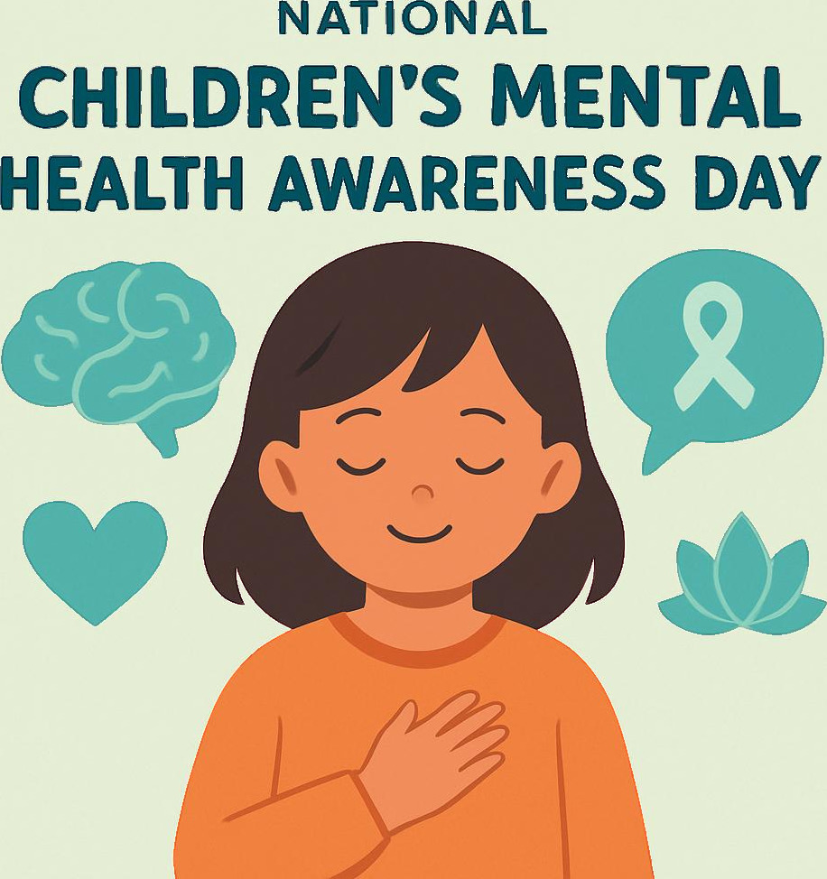 National Children's mental health awareness day - a cartoon child in the middle of a white background with their hand on their heart. A graphic of a brain and a green ribbon on either side of the child. 