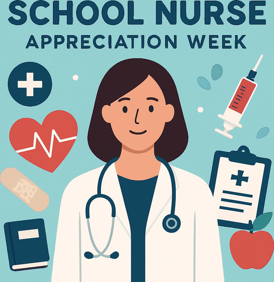 an illustration of a nurse with medical items around including a syringe, clipboard, bandaid, apple. Words at top - School Nurse Appreciation Week