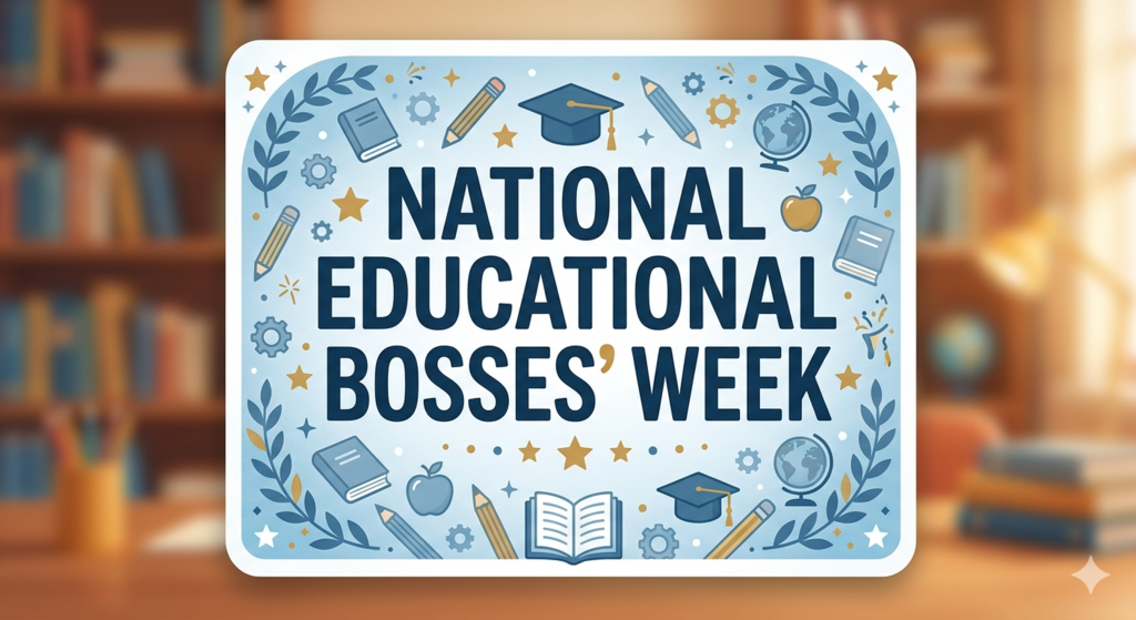 An illustration with a light blue and white color scheme featuring the centered text "NATIONAL EDUCATIONAL BOSSES' WEEK" in bold, dark blue capital letters. The text is framed by various educational icons, including pencils, books, graduation caps, globes, and apples. The entire graphic is presented as a card with rounded corners, set against a blurred background of a library or office bookshelf.