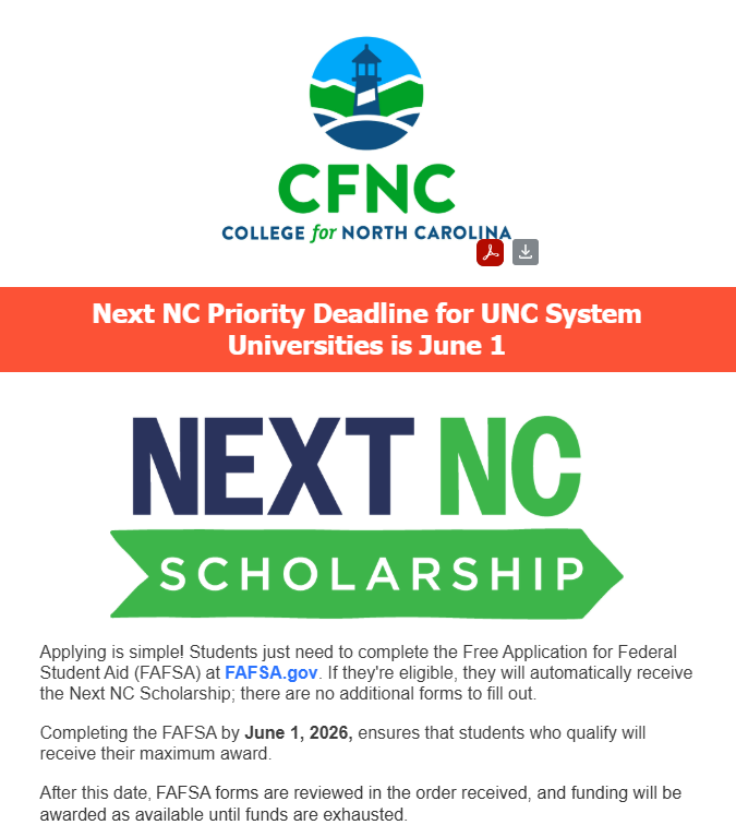 🎓 Don’t miss out on FREE money for college!  The Next NC Scholarship makes higher education more affordable for North Carolina students—and applying is easier than you think.  ✅ Complete your FAFSA at FAFSA.gov 📅 Deadline: June 1, 2026 💰 No additional forms required  Submit your FAFSA by the priority deadline to maximize your award. Funds are limited and awarded on a first-come, first-served basis—so don’t wait!  