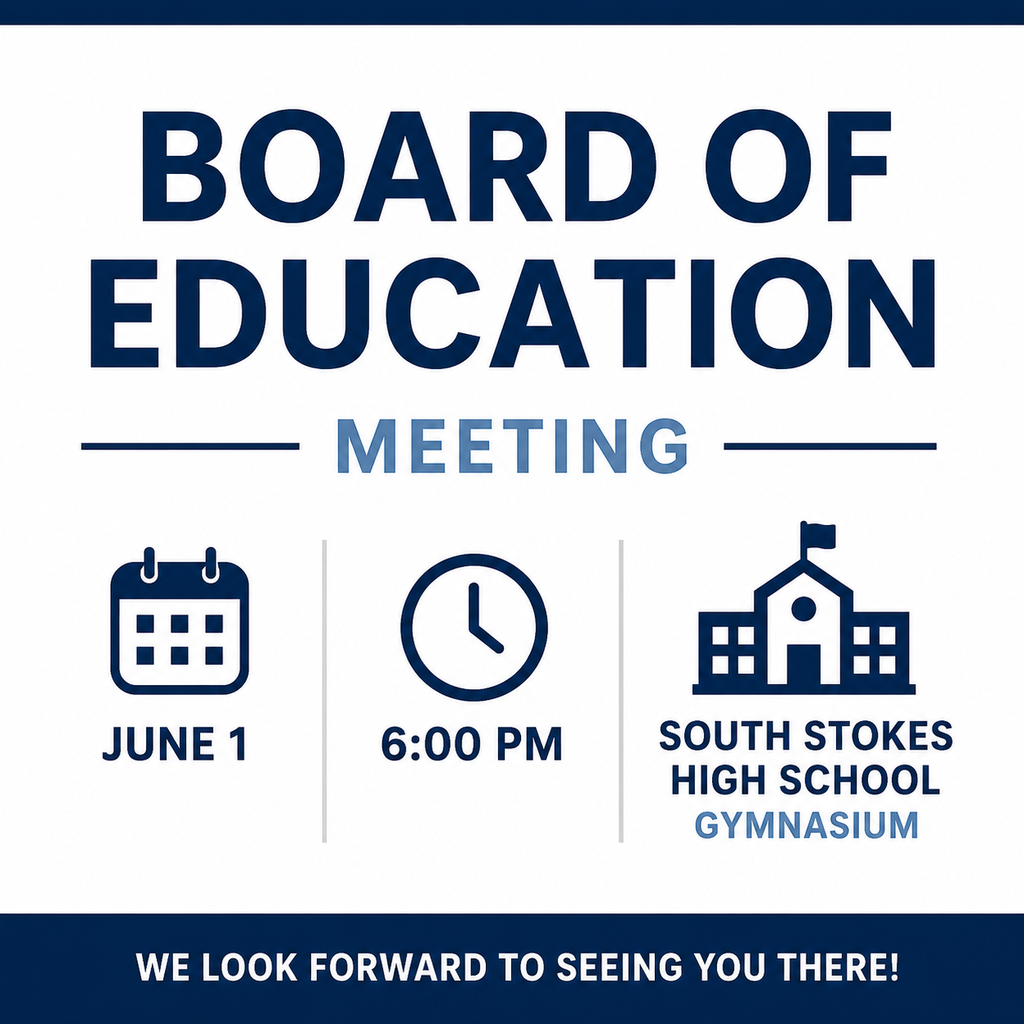 ⏰ One Week Reminder! ⏰ The Board of Education Meeting will be held on June 1 at 6:00 PM at South Stokes High School in the gymnasium. We encourage our community members, families, staff, and stakeholders to attend and stay informed on important district discussions and updates. 📍 South Stokes High School Gymnasium 🗓 June 1 ⏰ 6:00 PM Address: 1100 South Stokes High DriveWalnut Cove, NC 27052
