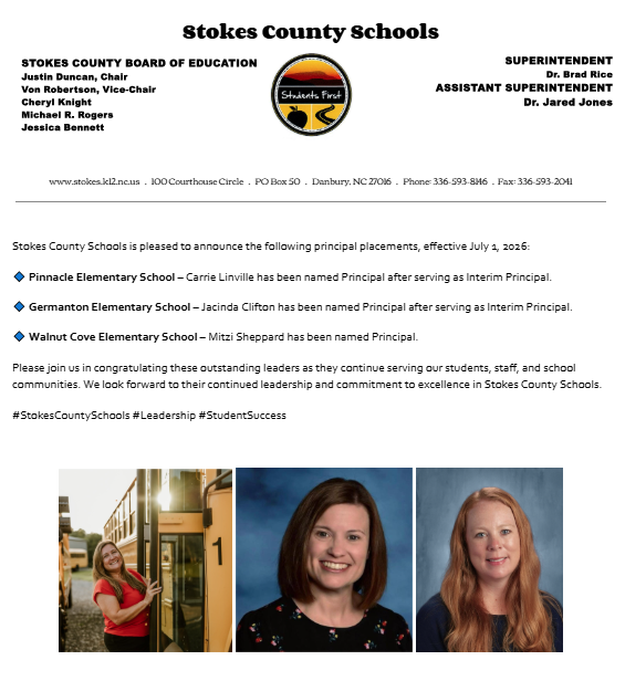Stokes County Schools is pleased to announce the following principal placements, effective July 1, 2026:  🔹 Pinnacle Elementary School – Carrie Linville has been named Principal after serving as Interim Principal.  🔹 Germanton Elementary School – Jacinda Clifton has been named Principal after serving as Interim Principal.  🔹 Walnut Cove Elementary School – Mitzi Sheppard has been named Principal.  Please join us in congratulating these outstanding leaders as they continue serving our students, staff, and school communities. We look forward to their continued leadership and commitment to excellence in Stokes County Schools. 