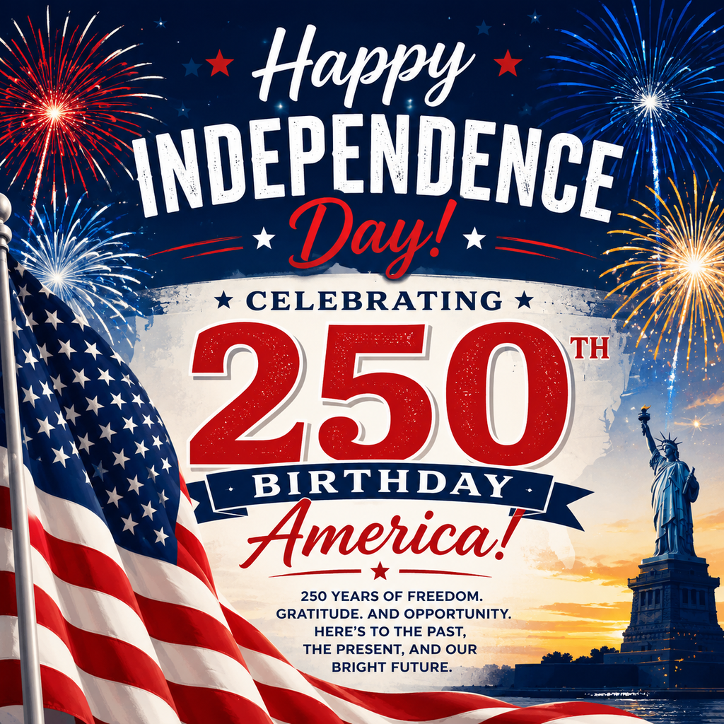 Patriotic Fourth of July graphic celebrating America's 250th birthday. The image features a large American flag waving in the foreground, colorful red, white, and blue fireworks lighting the night sky, and the Statue of Liberty standing against a sunset backdrop. Bold text reads, "Happy Independence Day! Celebrating America's 250th Birthday." The design honors 250 years of freedom, gratitude, and opportunity in the United States.