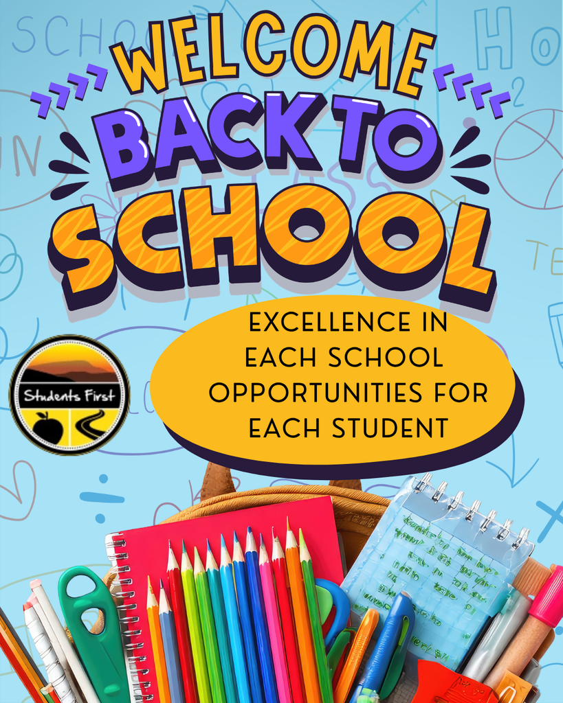 words on the graphic - Welcome back to school blue background with doodles, school supplies at the bottom