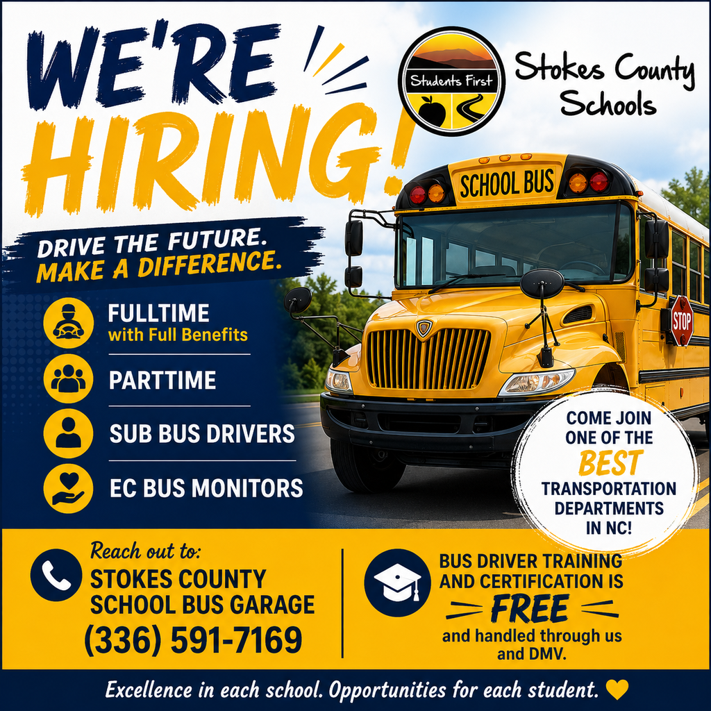 A Stokes County Schools hiring graphic featuring a large yellow school bus and the headline, "WE'RE HIRING!" The graphic promotes transportation employment opportunities with the slogan, "Drive the Future. Make a Difference." Open positions include Full-Time Bus Drivers (with full benefits), Part-Time Bus Drivers, Substitute Bus Drivers, and Exceptional Children (EC) Bus Monitors. A badge highlights that Stokes County Schools is "One of the Best Transportation Departments in NC." The graphic also notes that bus driver training and certification are provided free through Stokes County Schools and the DMV. Interested applicants are encouraged to contact the Stokes County School Bus Garage at (336) 591-7169. The footer reads, "Excellence in each school. Opportunities for each student."