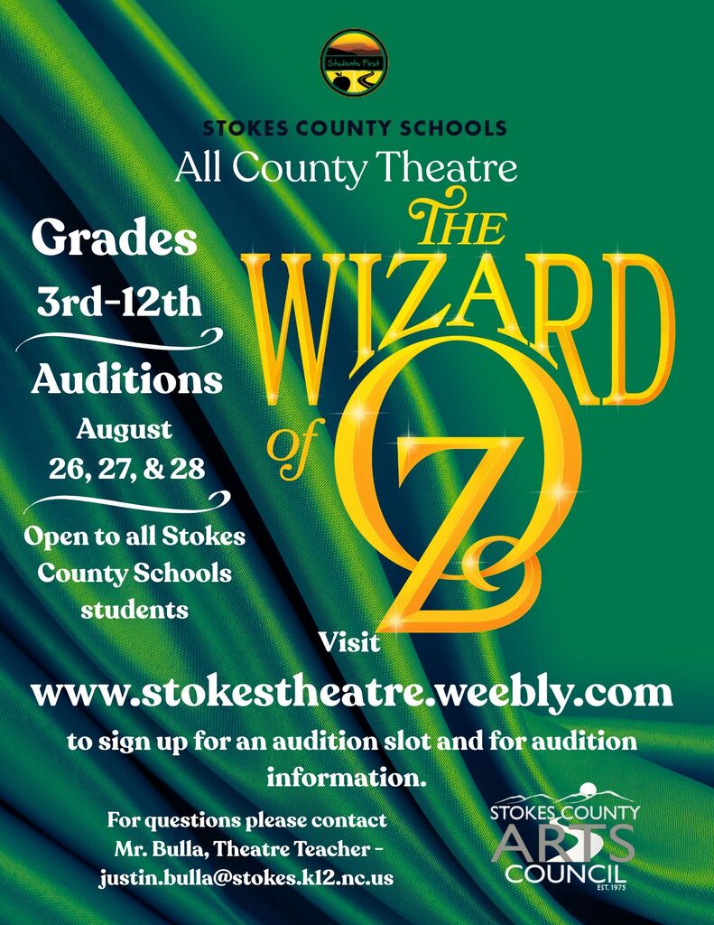 Promotional poster for Stokes County Schools All County Theatre production of The Wizard of Oz. The poster features a green background with emerald satin fabric and a large gold "Wizard of Oz" title. Text reads: "Grades 3rd–12th," "Auditions August 26, 27, & 28," and "Open to all Stokes County Schools students." Interested students are directed to www.stokestheatre.weebly.com to sign up for an audition slot and obtain audition information. Questions may be directed to Mr. Bulla, Theatre Teacher, at justin.bulla@stokes.k12.nc.us. The Stokes County Schools logo appears at the top, and the Stokes County Arts Council logo is displayed in the lower right corner.