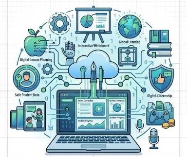 A clean, central graphic illustration highlighting instructional technology tools for education. At the middle sits an open laptop displaying learning dashboards, online curriculum layouts, and student progress graphs. Rising out of the laptop screen is a digital stylus and a cloud icon surrounded by circuit lines, connecting to various educational tech icons including an interactive whiteboard with charts, a tech-enhanced digital apple, an ebook stack, a digital citizenship shield, and student tablet screens showing classroom interactions.