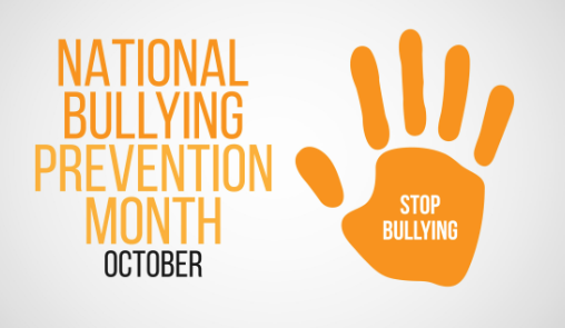 National Bullying prevention month October - an orange hand that has the words stop bullying
