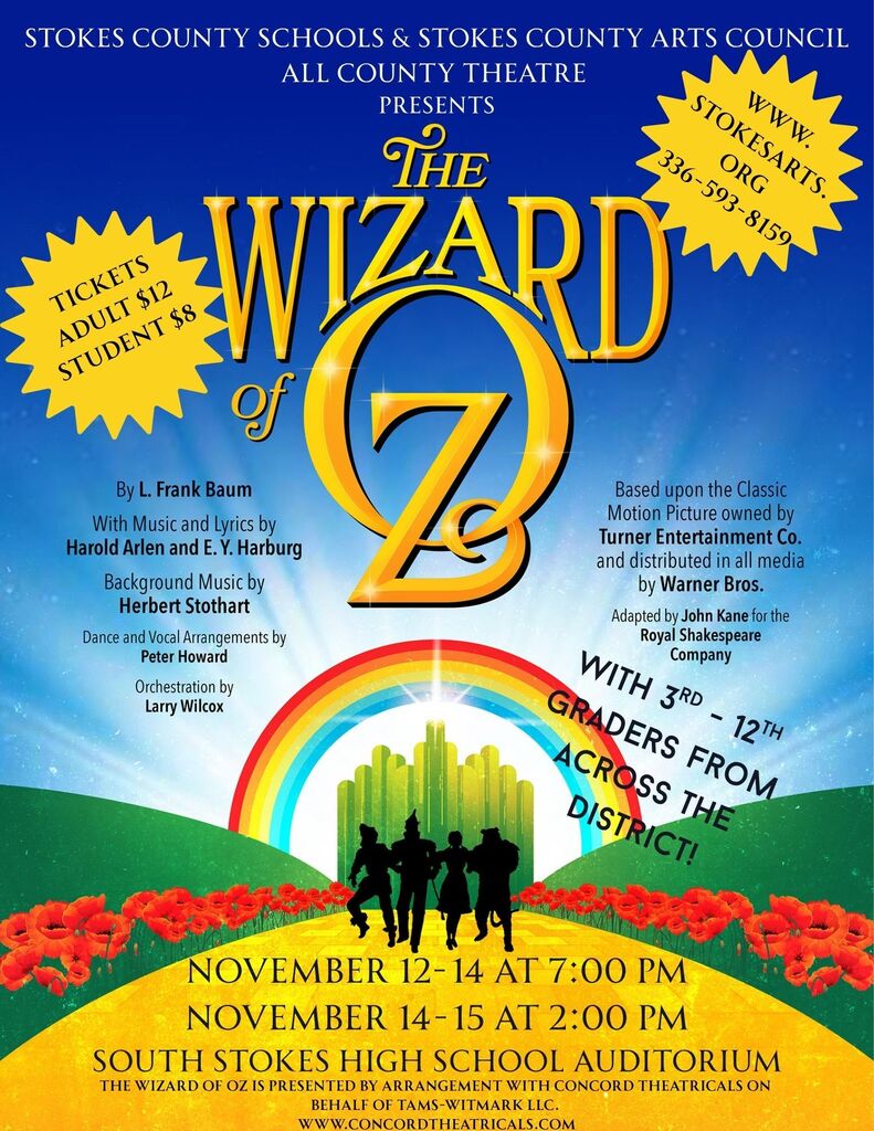 Follow the Yellow Brick Road… and grab your tickets to THE WIZARD OF OZ! 🦁🌪️✨ Join Stokes County Schools & Stokes County Arts Council All County Theatre for a magical adventure featuring talented students in grades 3–12 from across our district! 💚🎭 📍 South Stokes High School Auditorium 🗓️ November 12–14 at 7:00 PM 🗓️ November 14–15 at 2:00 PM 🎟️ Adults: $12 | Students: $8 Order your reserved tickets today! www.stokesarts.org 336-593-8159 Bring the family, cheer on our students, and discover why there’s no place like Oz!