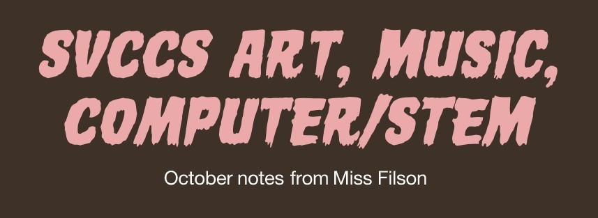 brown banner with pink text that says "SVCCS Art, Music, Computer/STEM"