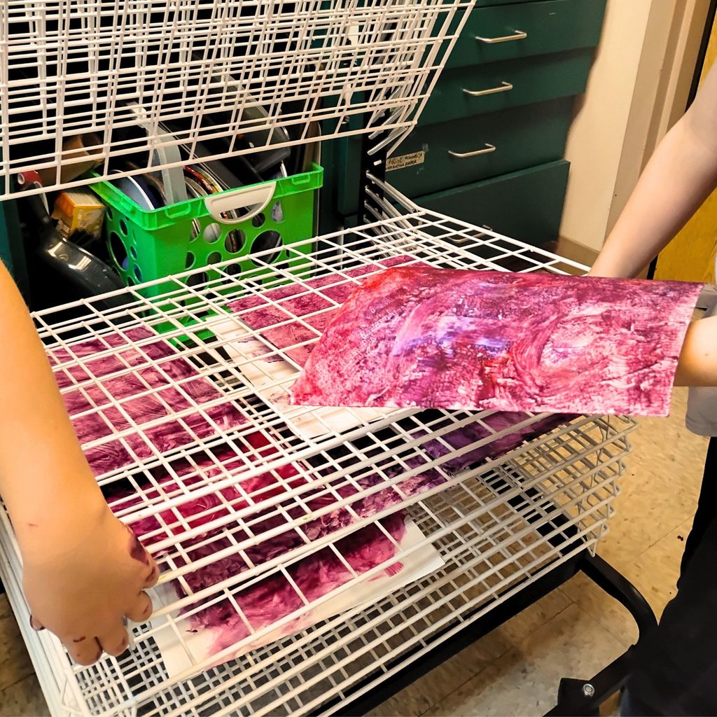 A second-grade student stands in front of a display featuring artwork by Eric Carle. The pieces are bright and colorful, showing Carle’s signature collage style with layered paper textures, bold shapes, and cheerful animal themes. The student appears curious and engaged as they observe the details.