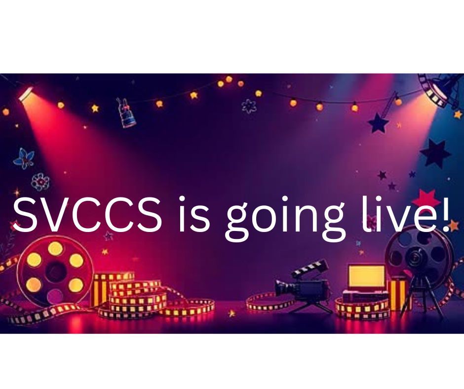 Movie background with white text reading "SVCCS is going live!"