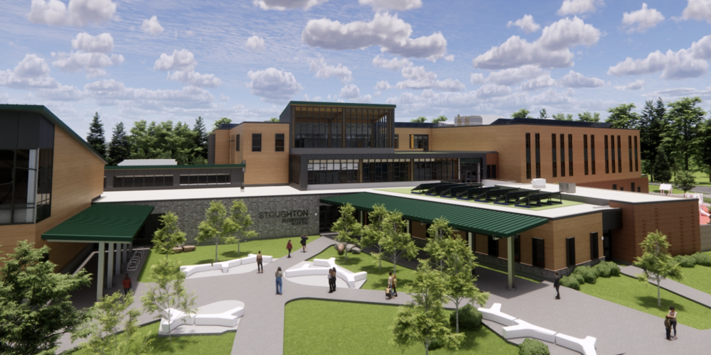 Aerial View of the entry plaza for the new elementary school (Rendered View)