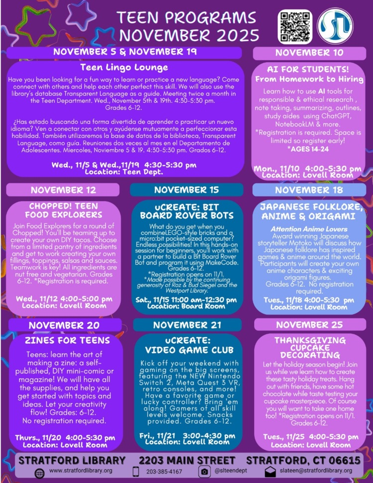 Stratford Library Teen Events for NOVEMBER!