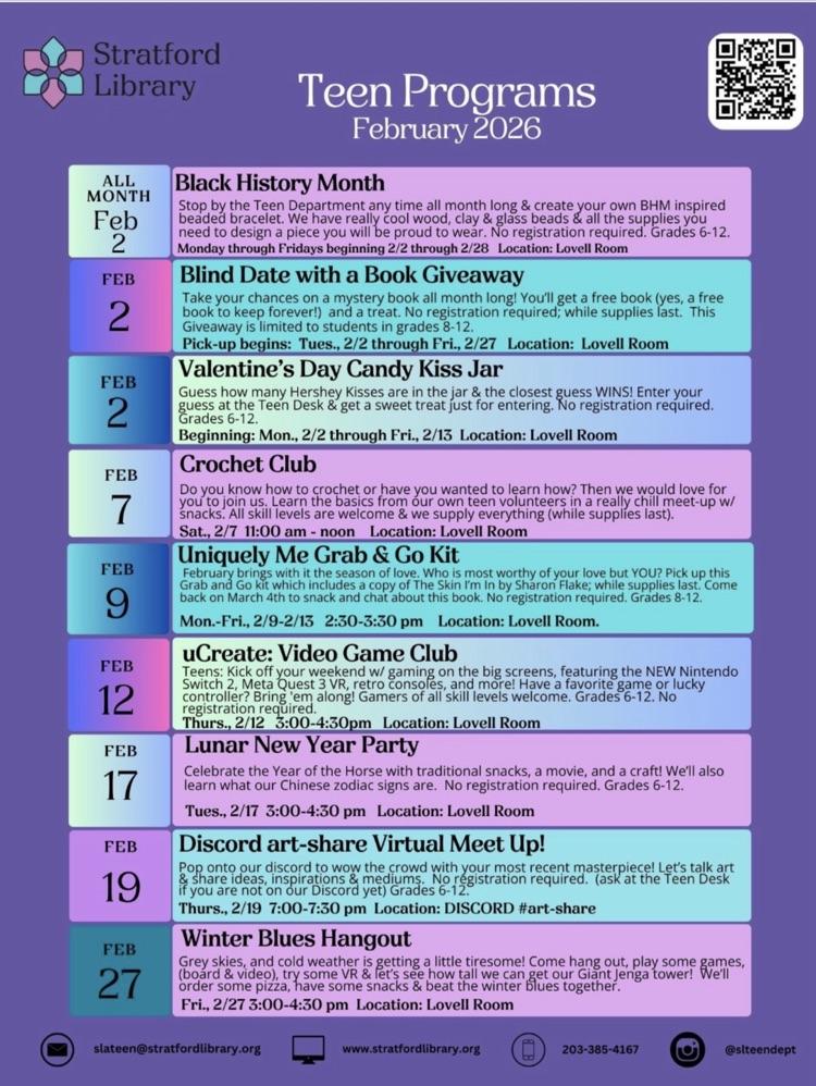 Stratford Library Teen Programs - February ‘26
