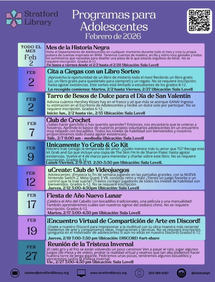 Programas para adolescentes de la Biblioteca de Stratford - Febrero de '26