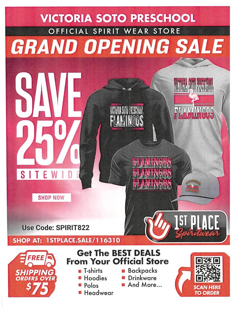 We are excited to present the Victoria Soto Preschool Spirit Wear Sale! The grand opening sale is happening now through February 9th.
