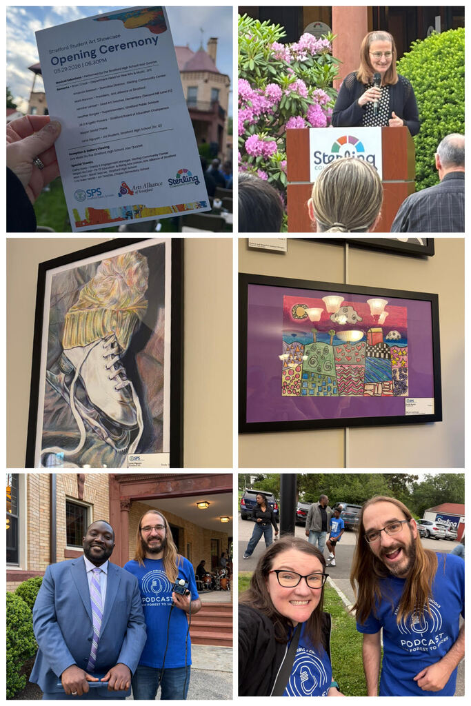 Collage of six photos from the Stratford Student Art Showcase opening ceremony on May 29, 2026, showing the program, speakers, student artwork, and attendees.