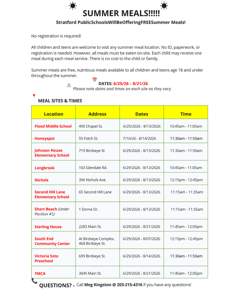 Stratford Public Schools Will Be Offering FREE Summer Meals!