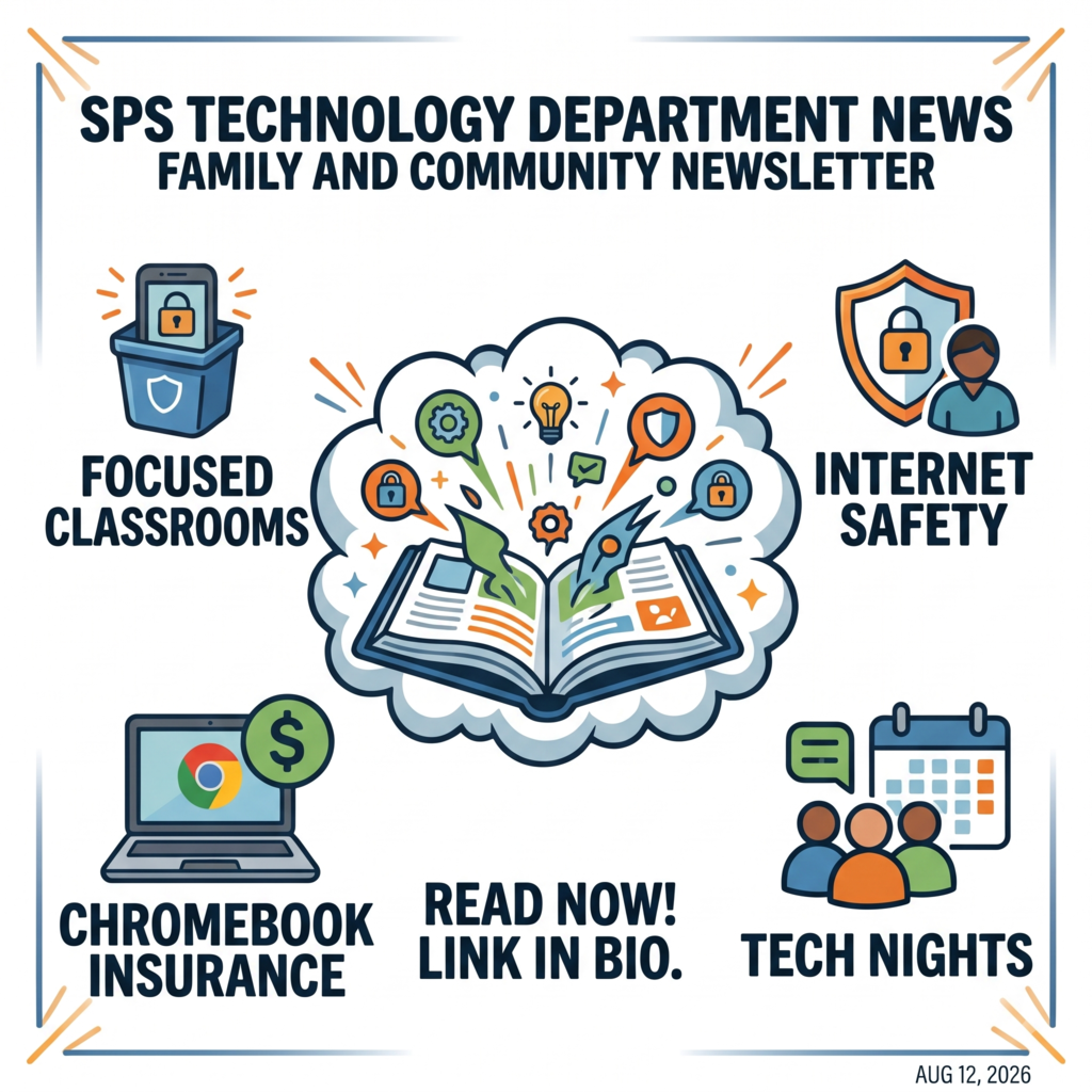 A square infographic poster for the SPS Technology Department News Family and Community Newsletter, dated AUG 12, 2026. The top text reads "SPS TECHNOLOGY DEPARTMENT NEWS" and "FAMILY AND COMMUNITY NEWSLETTER". Around a central illustration of an open book with educational and technology icons bursting out, there are four detailed panels: top-left shows a phone in a bin for "FOCUSED CLASSROOMS"; top-right shows a family shield for "INTERNET SAFETY"; bottom-left shows a Chromebook with a dollar sign for "CHROMEBOOK INSURANCE"; and bottom-right shows a family with a calendar for "TECH NIGHTS". The bottom center text reads "READ NOW! LINK IN BIO."