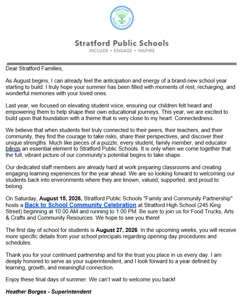 letter to families from Supt