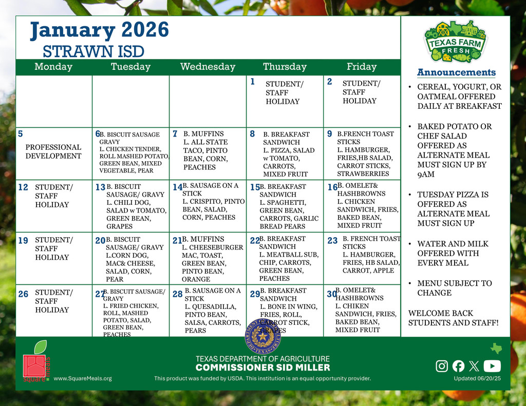 January 2026 Menu