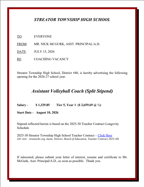 2026-27 Asst. Volleyball Coach