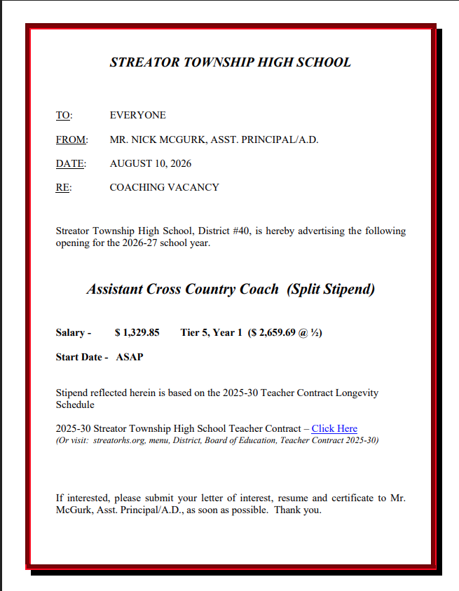 2026-27 Asst. Cross Country Coach (Split Stipend)