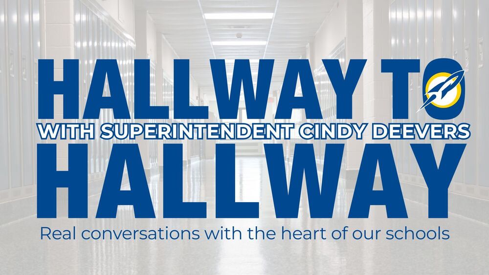 Hallway to Hallway with Superintendent Cindy Deevers.Hallway to Hallway with Superintendent Cindy Deevers. Real conversations with the heart of our schools. Streetsboro Rockets logo featured alongside bold blue text over a school hallway background.