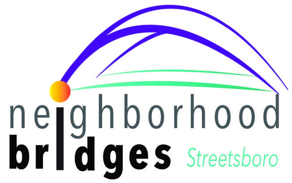 Neighborhood Bridges Streetsboro logo featuring three blue arching bridge curves over two green swooping lines, with an orange and yellow glowing circle at the left base of the arches. The word "neighborhood" appears in dark gray lowercase letters, with "bridges" below it in bold black lowercase letters, and "Streetsboro" in green italic text to the right.