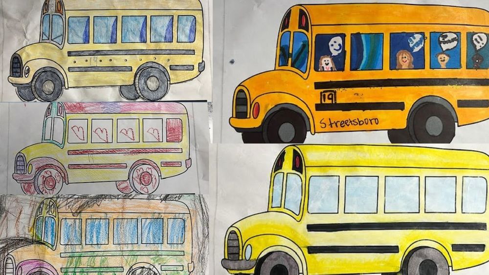a collage of school bus coloring pages. each designed by children with their own colors and themes. There are five total. 