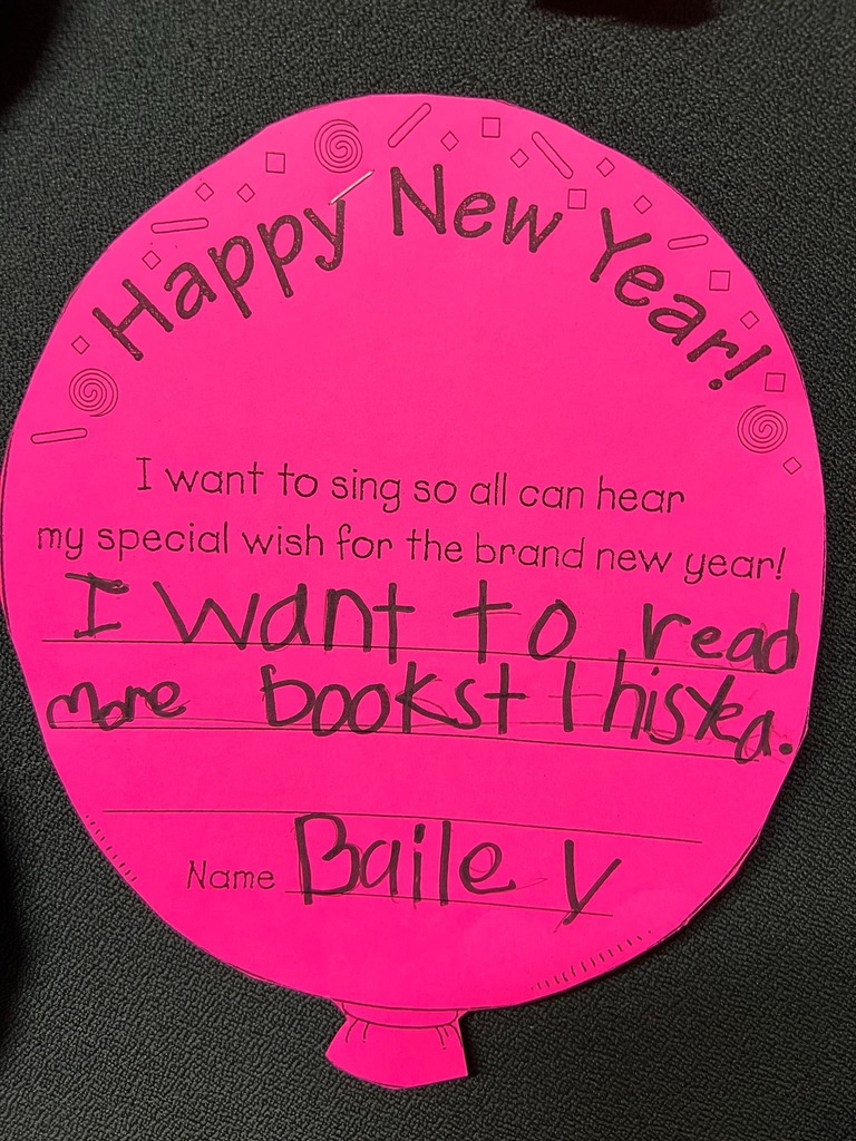 Pictures of balloons in different colors that say "happy new year: I want to sing so all can hear my special wish for the brand new year." and then student filled responses. 