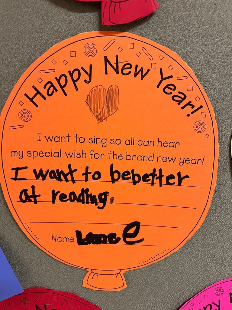 Pictures of balloons in different colors that say "happy new year: I want to sing so all can hear my special wish for the brand new year." and then student filled responses. 