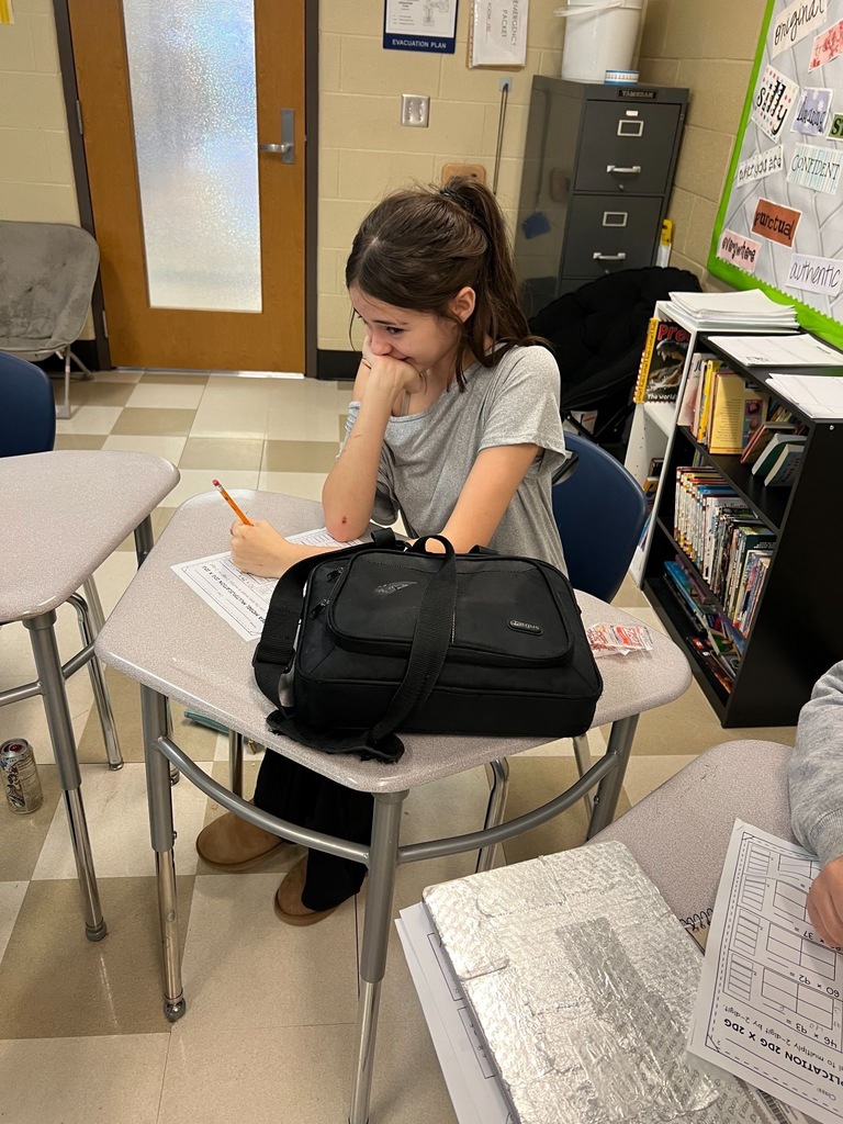 student in gray t-shirt concentrating while working on assignment at desk with pencil and black backpack. Classroom setting with bookshelves and learning materials visible in background.