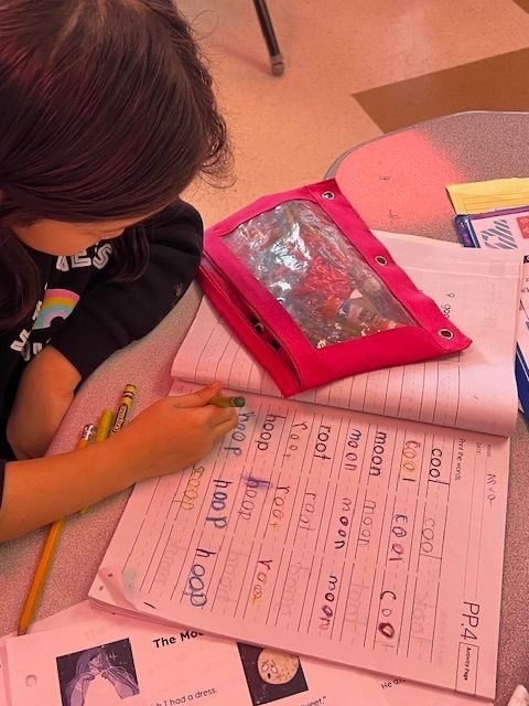 elementary student in black shirt working on spelling words written on pink lined paper with pencil, using bright pink pencil case with clear window. Classroom desk with additional learning materials visible.