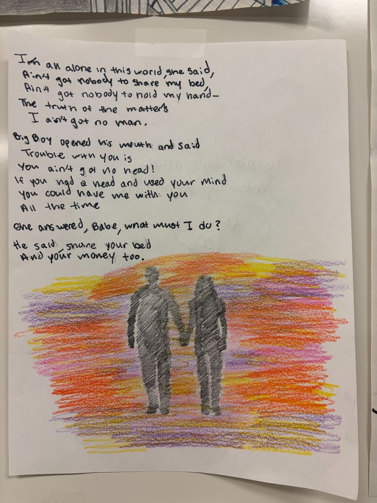 Student artwork illustrating the poem 'Letter to My Sister' by Langston Hughes. The handwritten poem is written in the upper portion of the page. The illustration at the bottom shows two silhouetted figures holding hands, set against a vibrant sunset background created with orange, yellow, pink, and purple crayon.