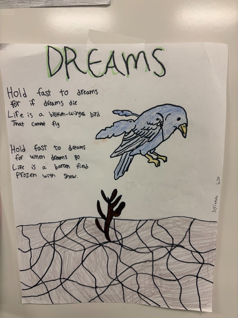 Student artwork illustrating the poem 'Dreams' by Langston Hughes. The handwritten poem reads 'Hold fast to dreams, for if dreams die, life is a broken-winged bird that cannot fly. Hold fast to dreams, for when dreams go, life is a barren field frozen with snow.' The illustration features a blue bird with a broken wing in the upper portion, and a barren, cracked frozen field with a bare tree branch at the bottom.