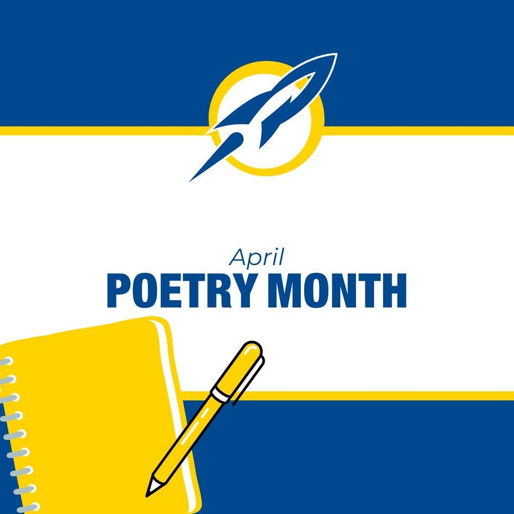 Decorative graphic with a blue and yellow color scheme featuring the text "April Poetry Month" alongside an illustration of a pencil.