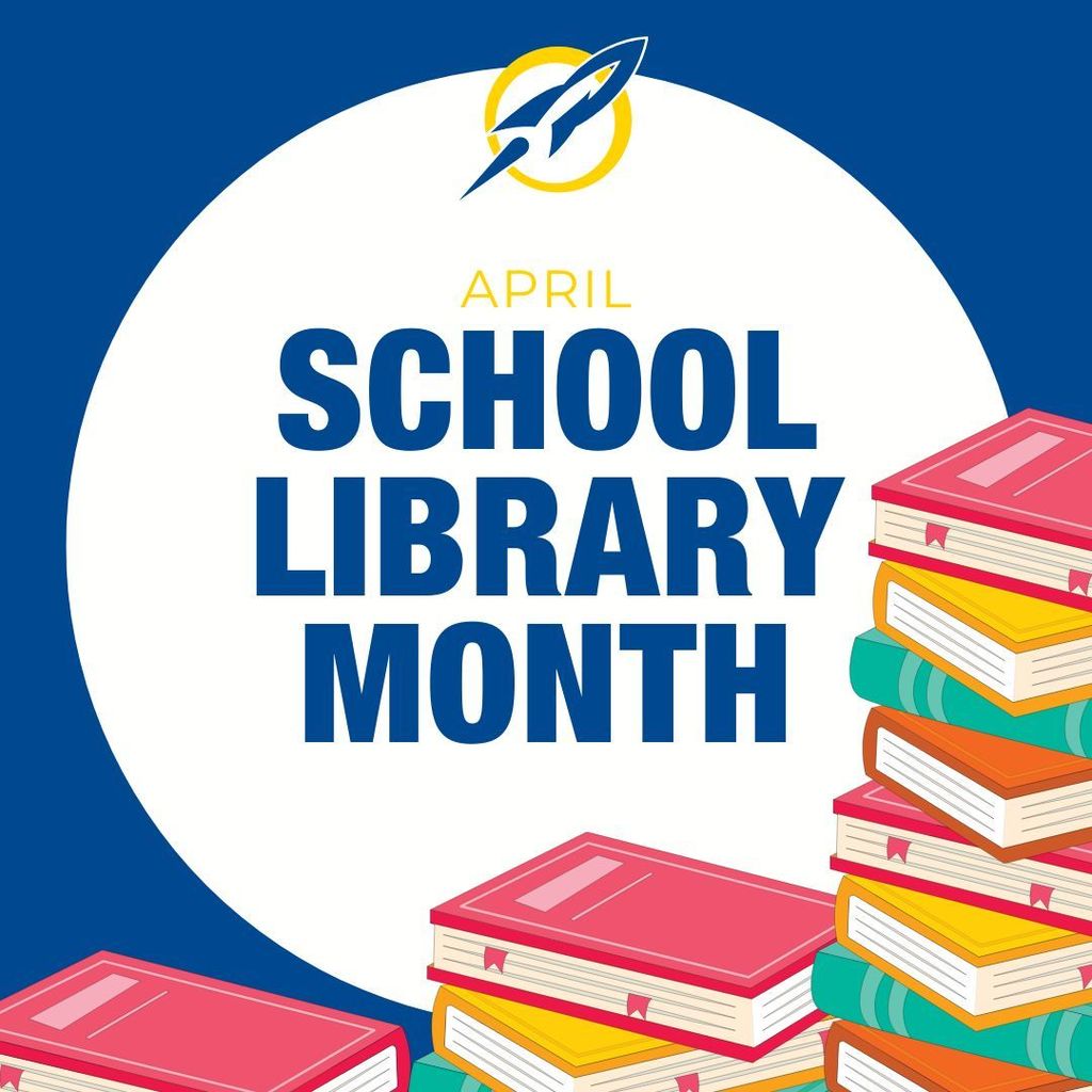 Decorative graphic with a blue and yellow color scheme featuring the text "School Library Month" alongside an illustration of a stack of colorful books.